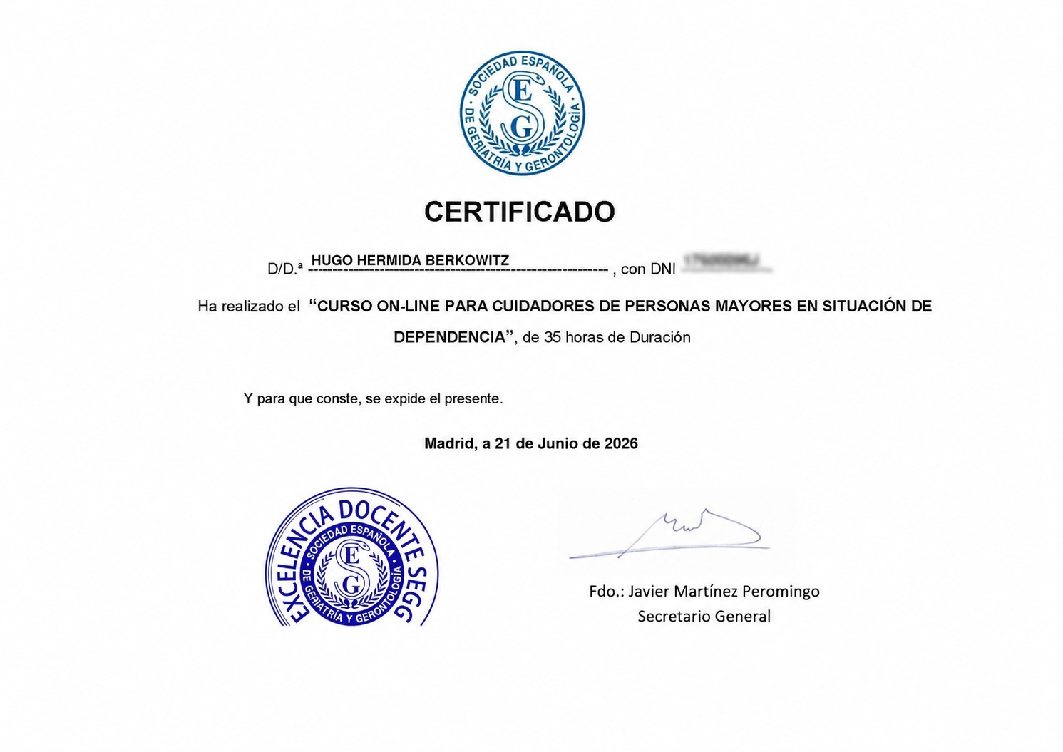 Diploma de certificación SEGG de Hugo Hermida Berkowitz